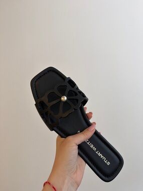 Stuart Weitzman Black Floral Cutout Slide with Pearl Stud